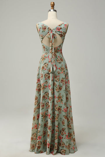 Green Floral A Line Square Neck Long Bridesmaid Dress with Open Back